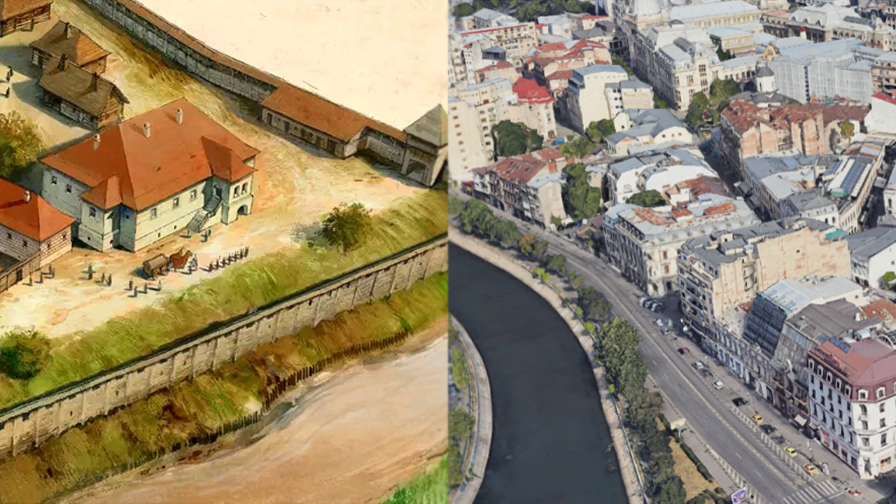 Vedere panoramică asupra Bucureștiului, evidențiind contrastul dintre arhitectura modernă și clădirile istorice, simbolizând evoluția orașului de la așezare medievală la metropolă contemporană.
