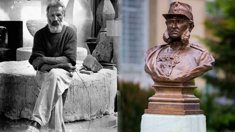 Bustul generalului Carol Davila, singurul monument de for public realizat de Constantin Brâncuși în București, amplasat în curtea Spitalului Militar
