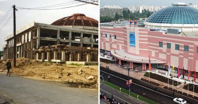 Imagine cu un fost „circ al foamei” din București, clădire cu arhitectură circulară specifică epocii comuniste, transformată într-un mall modern.