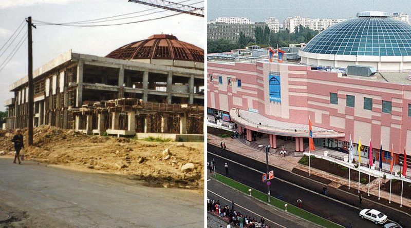 Imagine cu un fost „circ al foamei” din București, clădire cu arhitectură circulară specifică epocii comuniste, transformată într-un mall modern.