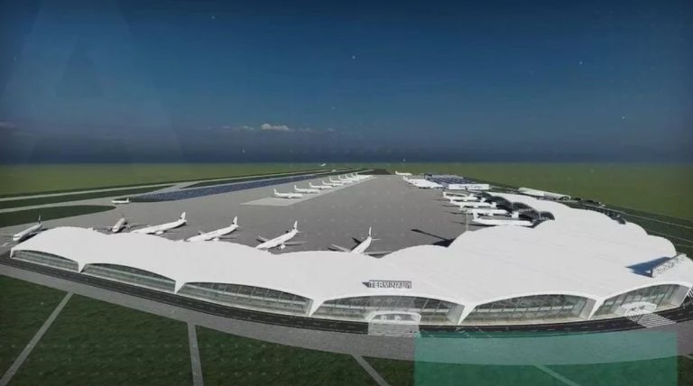 Machetă conceptuală a Aeroportului Alexeni lângă București, terminal modern pentru pasageri și mărfuri.