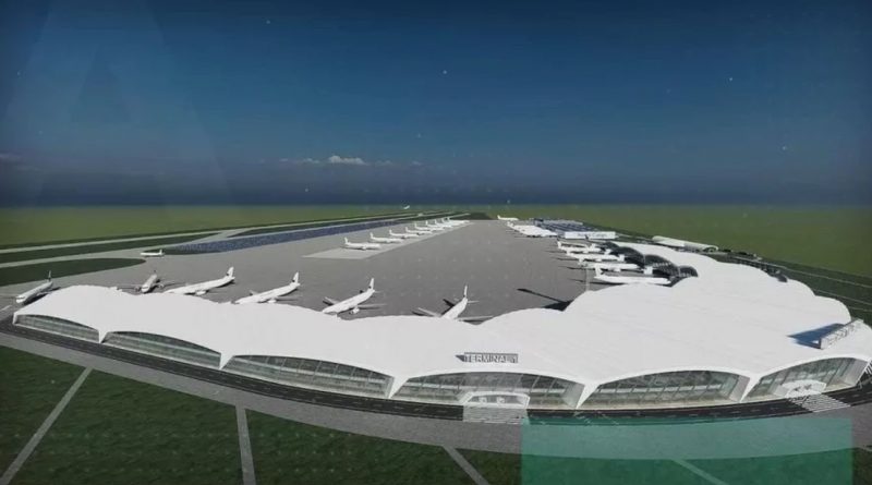 Machetă conceptuală a Aeroportului Alexeni lângă București, terminal modern pentru pasageri și mărfuri.