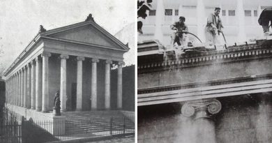 Fațada Muzeului Simu din București, clădire cu arhitectură grecească inspirată din Erechteion