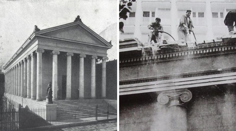 Fațada Muzeului Simu din București, clădire cu arhitectură grecească inspirată din Erechteion