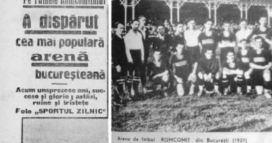 Vedere panoramică a arenei Romcomit din București în anii 1920, în timpul unui meci de fotbal