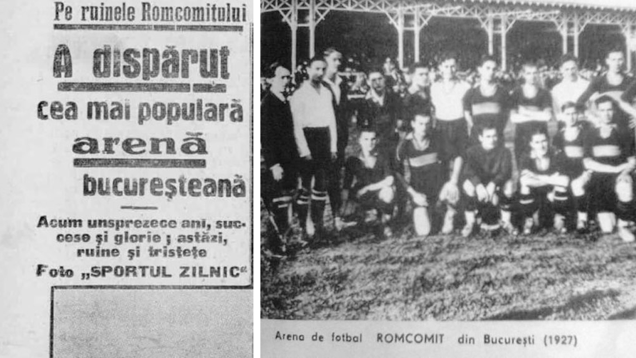 Vedere panoramică a arenei Romcomit din București în anii 1920, în timpul unui meci de fotbal