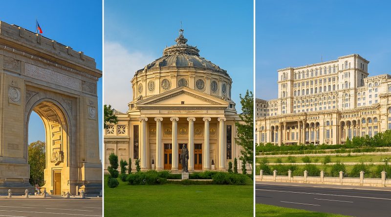 Colaj foto cu Arcul de Triumf, Ateneul Roman si Palatul Parlamentului