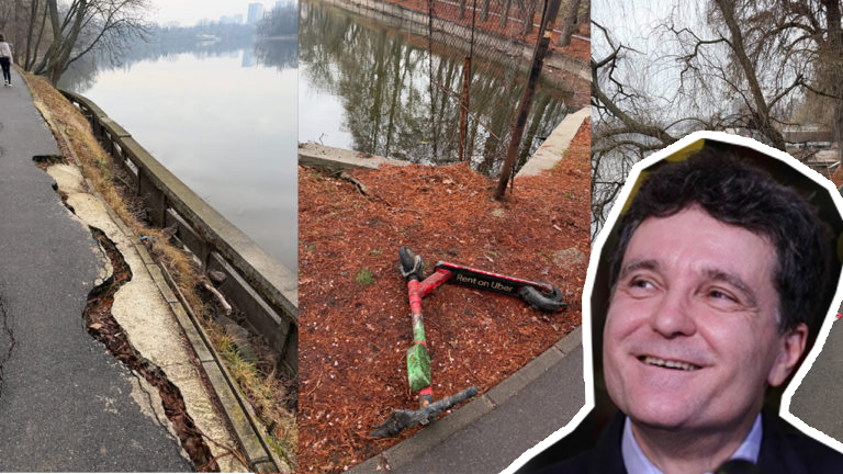 Nicusor Dan se uita la dezastrul din Parcul herastrau