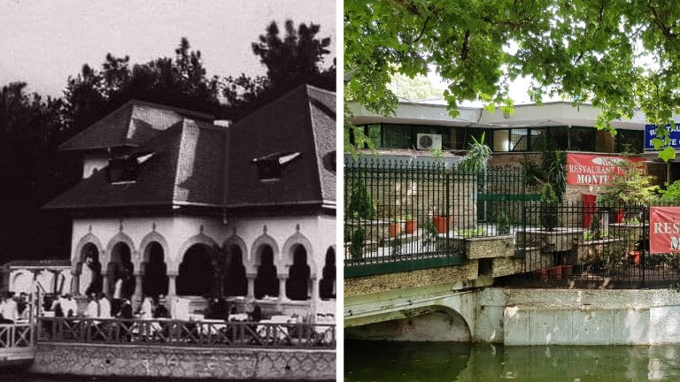 Imagine veche alb-negru cu restaurantul Monte Carlo din Parcul Cișmigiu, înconjurat de natură, într-o atmosferă elegantă, specifică Bucureștiului interbelic.