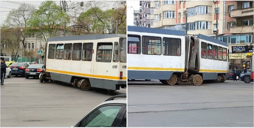 Tramvai deraiat și avariat în zona Dristor din Capitală, la intersecția dintre Șoseaua Mihai Bravu și Calea Dudești