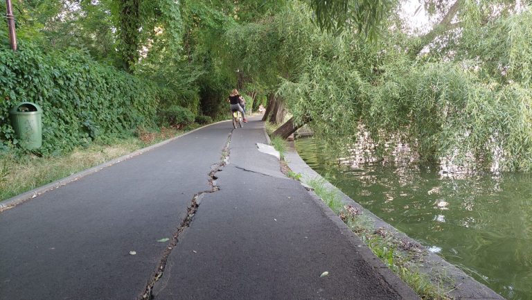 Biciclist pe o aleea crăpată în Parcul Herăstrău
