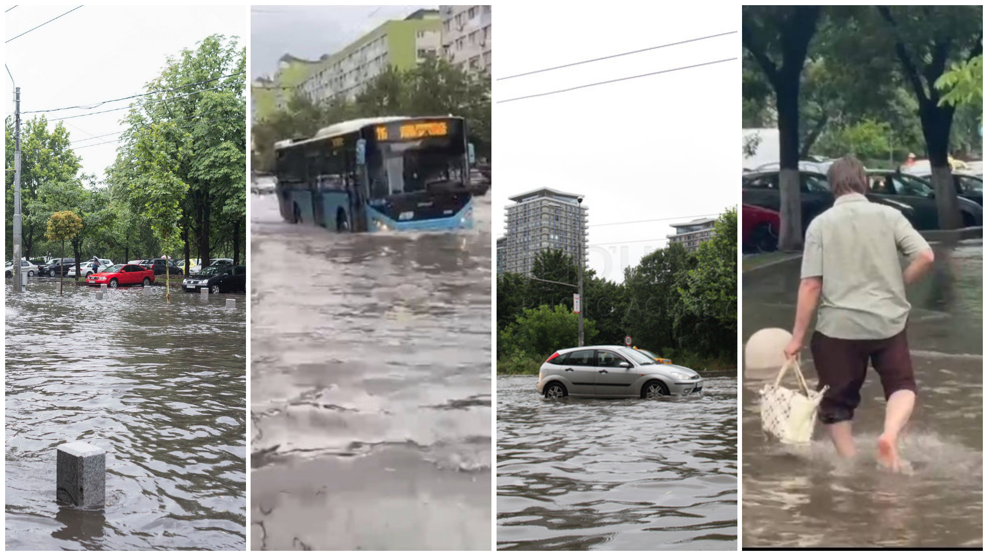 Colaj foto cu inundatia din Bucuresti