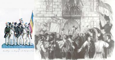 Ilustrație cu revoluționarii români citind Proclamația de la Islaz în 1848, simbol al luptei pentru libertate și unitate.