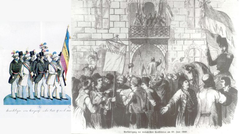 Ilustrație cu revoluționarii români citind Proclamația de la Islaz în 1848, simbol al luptei pentru libertate și unitate.