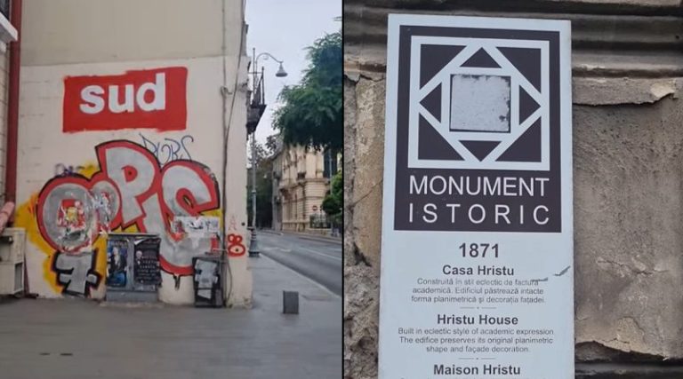 Graffiti cu textul „sud” și „ops” pe un zid din București, lângă o plăcuță istorică ce marchează Casa Hristu, monument construit în 1871