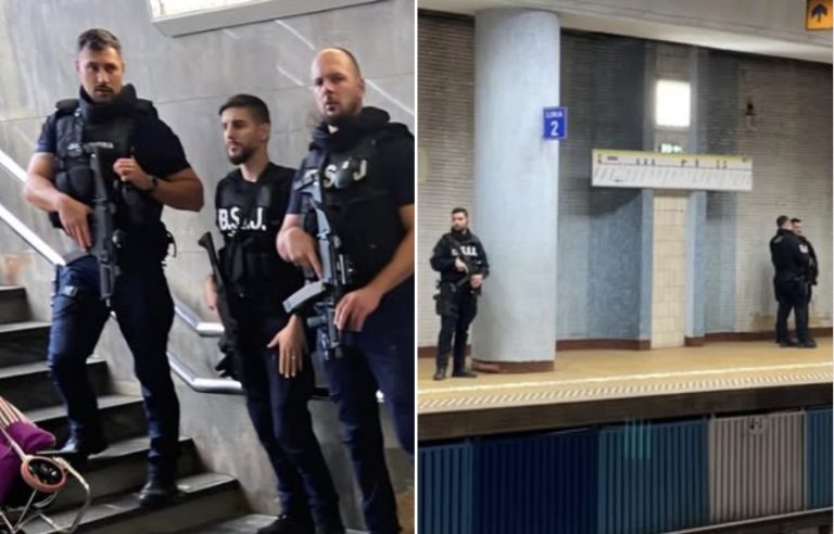 Jandarmi înarmați patrulează într-o stație de metrou, intervenție forțele speciale BSIJ pe peron și scări