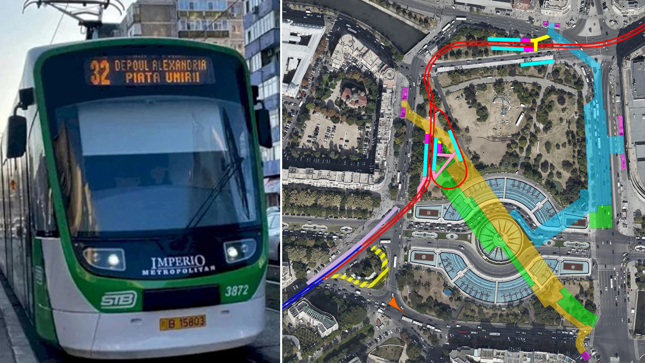 Tramvai linia 32 București și hartă rută Piața Unirii cu trasee modernizate