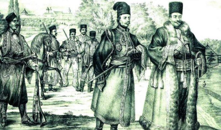 Boieri și soldați în costume tradiționale, ilustrație istorică despre ultima execuție publică din București