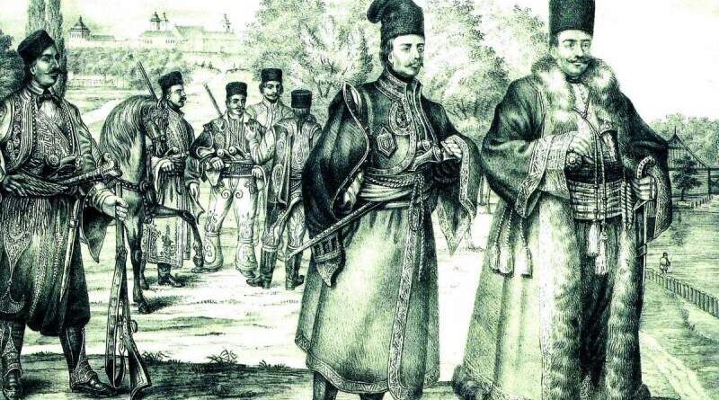 Boieri și soldați în costume tradiționale, ilustrație istorică despre ultima execuție publică din București