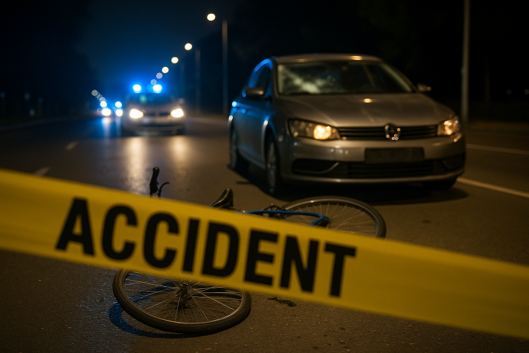 Accident rutier noaptea între o mașină și o bicicletă, zonă încercuită de poliție cu bandă de avertizare