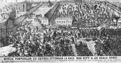 Gravură reprezentând Bătălia din Dealul Spirii din 13 septembrie 1848, lupta pompierilor români împotriva armatei otomane la București.