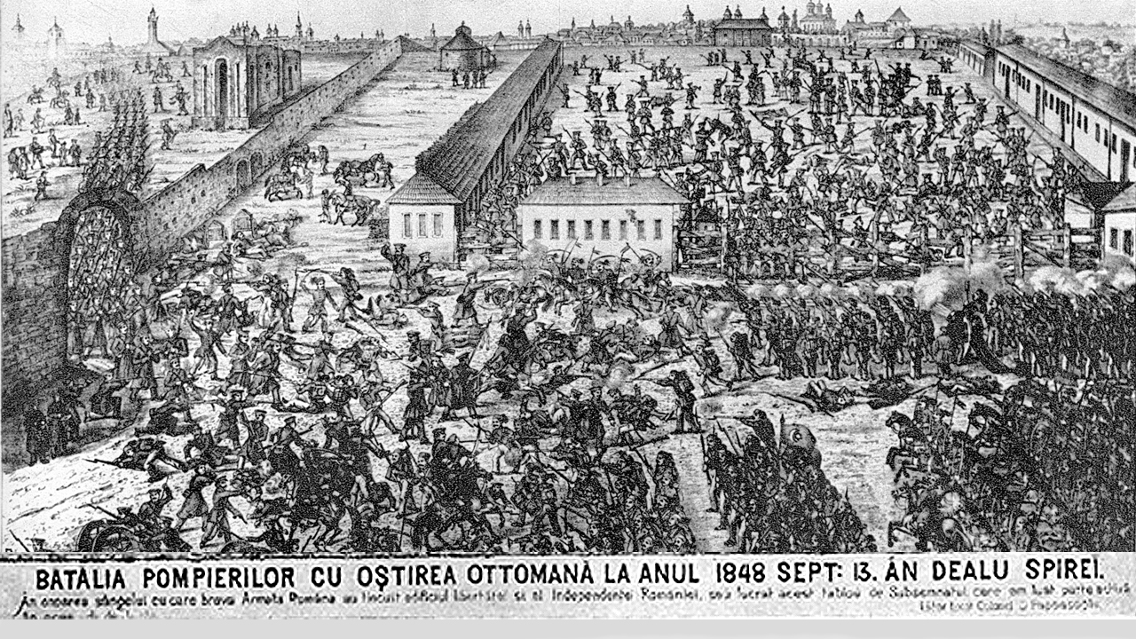 Gravură reprezentând Bătălia din Dealul Spirii din 13 septembrie 1848, lupta pompierilor români împotriva armatei otomane la București.
