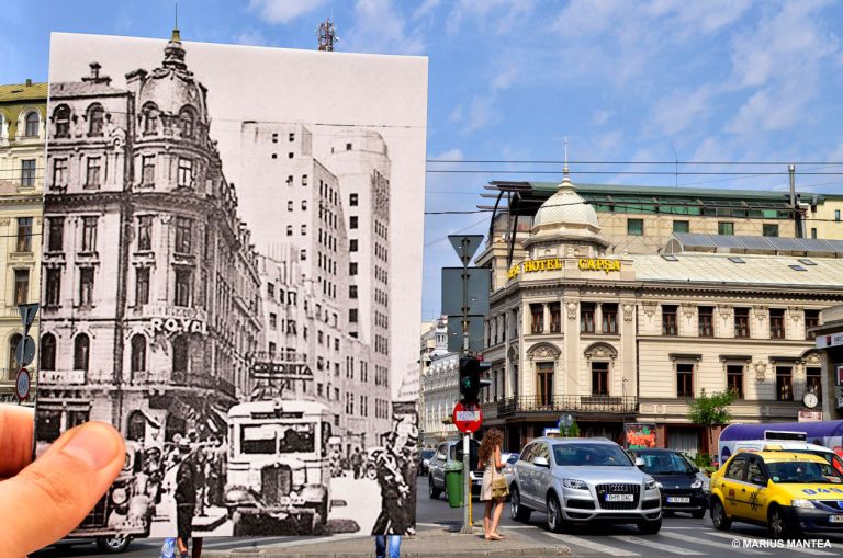 Comparație București vechi și nou – fotografie alb-negru suprapusă peste peisajul actual al Hotelului Capșa din centrul capitalei României.