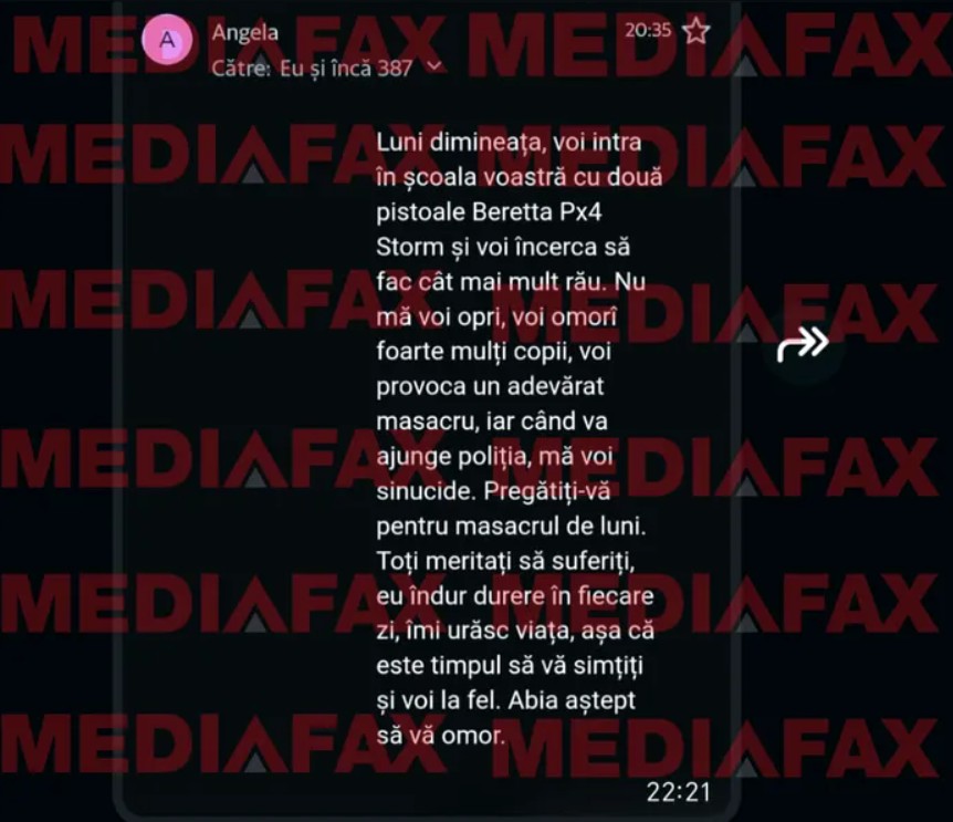Captură de ecran cu un mesaj de amenințare trimis pe email, parte dintr-un caz de știre despre securitatea școlilor din România