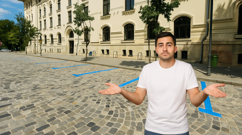 Bărbat în tricou alb, nedumerit, într-o parcare goală pe stradă cu clădiri istorice