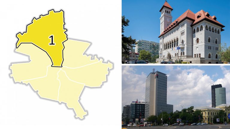 Harta Sectorului 1 din București și imagini reprezentative: Primăria Sectorului 1 și clădiri de birouri moderne din Piața Victoriei