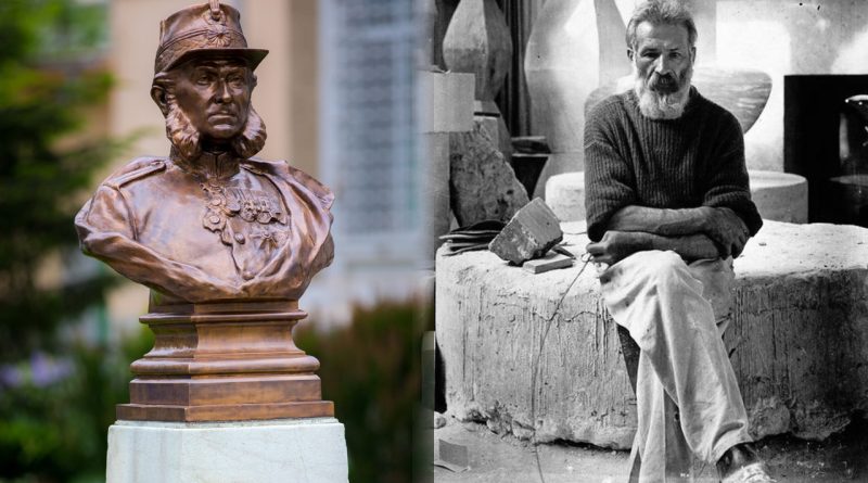 Bustul generalului doctor Carol Davila, sculptat de Constantin Brâncuși, alături de o fotografie cu sculptorul în atelierul său.