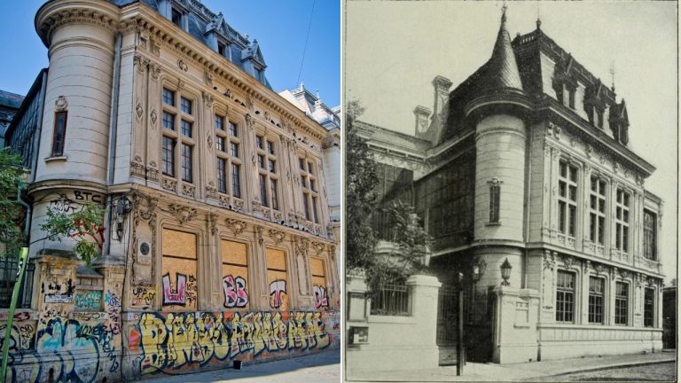 Clădire istorică în stil neoclasic din București, comparată în prezent și trecut – imagine color actuală cu graffiti și fotografie veche alb-negru a fațadei originale