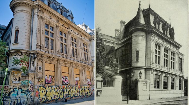 Clădire istorică în stil neoclasic din București, comparată în prezent și trecut – imagine color actuală cu graffiti și fotografie veche alb-negru a fațadei originale