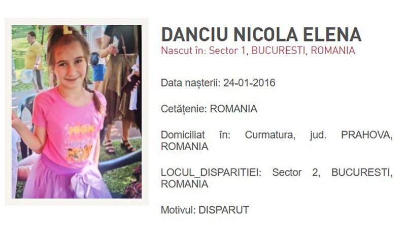 Fetiță dispărută, Danciu Nicola Elena, născută în 2016, din Curmătura, Prahova, dispărută în Sector 2, București, România.