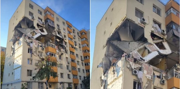Explozie puternică într-un bloc de locuințe din Capitală, fațada distrusă și apartamente grav avariate.