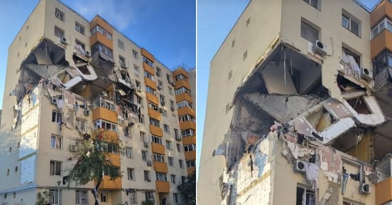 Explozie puternică într-un bloc de locuințe din Capitală, fațada distrusă și apartamente grav avariate.