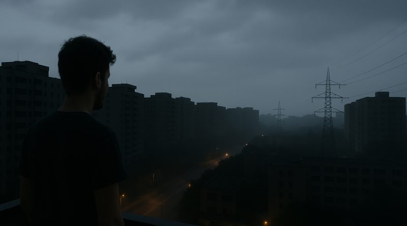 Bărbat privind un oraș sumbru la amurg, cu blocuri gri și stâlpi de electricitate sub un cer înnorat