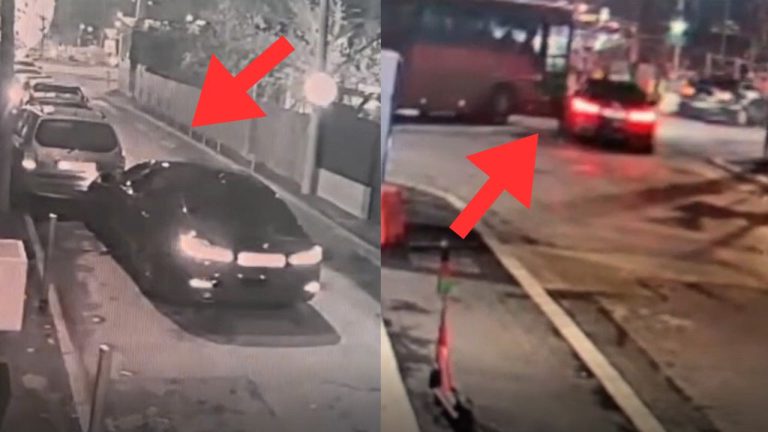 Două cadre nocturne care arată o mașină BMW lovind o mașină parcată, apoi îndepărtându-se rapid pe un drum urban lângă un autobuz.