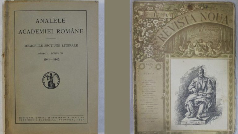 Copertă dublă: Analele Academiei Române, Seria III, Memorii, Tomul XXXV, 1912-1913 și Revista Nouă condusă de B.P. Hasdeu, cu ilustrație și portret Hasdeu.