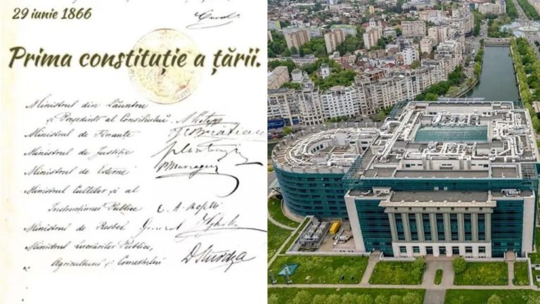 Prima Constituție a României (1866) expusă la Biblioteca Națională a României, clădirea modernă din București, vedere aeriană
