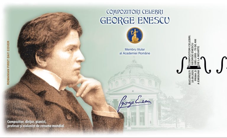 Portret George Enescu, compozitor român celebru, pe o imagine filatelică oficială, cu Ateneul Român pe fundal.