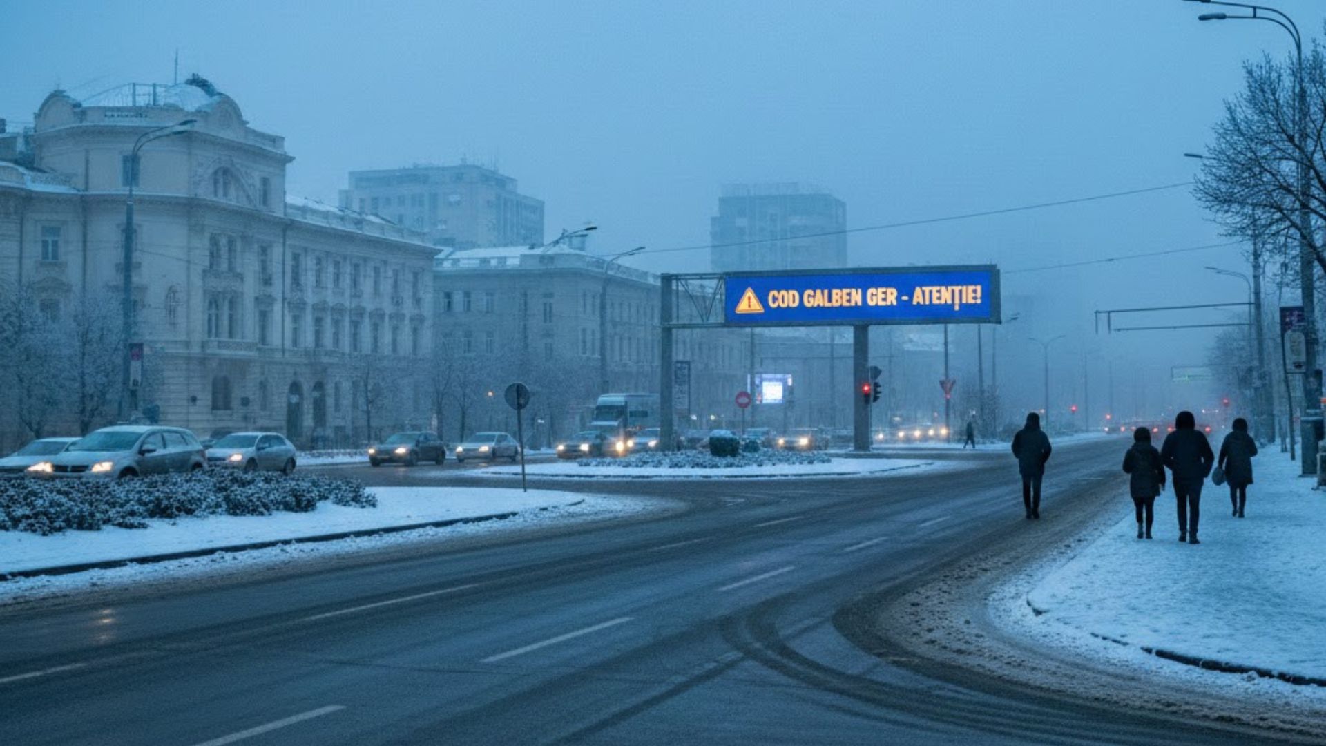 : Scenă urbană de iarnă cu un panou electronic ce afișează "Cod Galben Ger - Atenție" deasupra unei străzi înzăpezite cu trafic și pietoni.