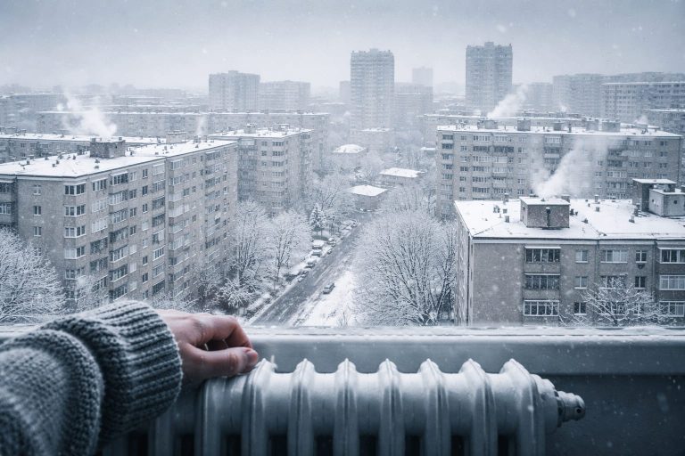 Mână pe un calorifer alb în prim-plan, privind pe fereastră spre un cartier de blocuri acoperit de zăpadă în timpul unei ninsori de iarnă.
