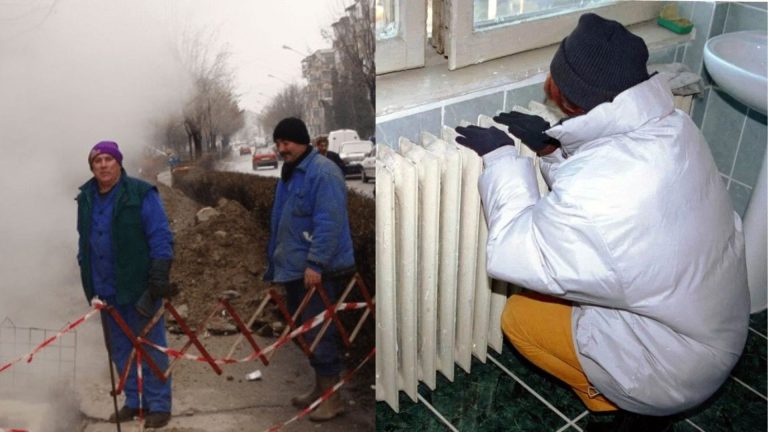 Colaj care ilustrează o avarie la sistemul de termoficare: în stânga, muncitori intervenind la o conductă spartă cu aburi în stradă; în dreapta, o persoană îmbrăcată cu geacă și mănuși lângă un calorifer rece în casă.