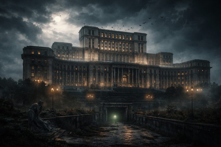 Clădire monumentală iluminată noaptea într-o atmosferă gotică, cu cer înnorat și alee întunecată în prim-plan