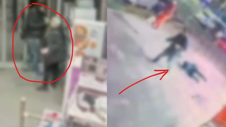 Captură de ecran de pe o cameră de supraveghere în exterior, prezentând două persoane încercuite cu roșu în stânga și o persoană în mișcare indicată de o săgeată roșie în dreapta, într-un context urban neclar.