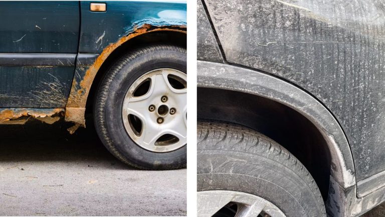 Comparație înainte și după repararea ruginei la aripa unei mașini verzi versus caroserie protejată.