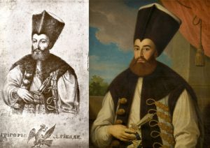 Portret istoric al unui nobil est-european îmbrăcat în haine tradiționale, redat în două stiluri artistice, gravură și pictură