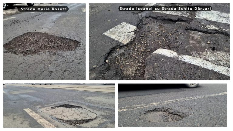 Colaj de patru fotografii care prezintă gropi adânci în asfalt pe străzile din București, inclusiv pe Strada Maria Rosetti și la intersecția străzii Icoanei cu strada Schitu Dârvari.
