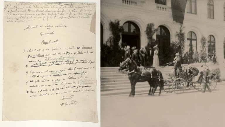 Document manuscris cu regulamentul Muzeului de Istorie Naturală din București semnat de Grigore Antipa și fotografie veche cu o trăsură în fața muzeului.